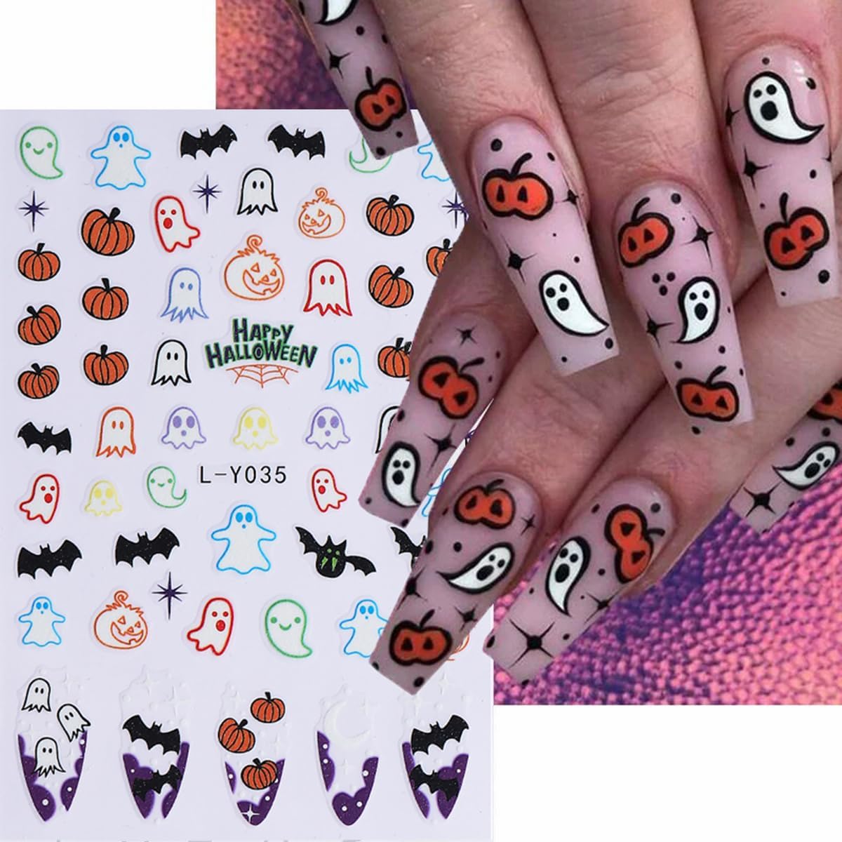 Halloween Luminous Nail Art Stickers Glow in The Dark Nail Stickers 5PCS Skulls Ghosts Pumpkin Design Nail Decals Nail Art Supplies Spider Web Bat Flower Halloween Stickers for Women Nail Decorations