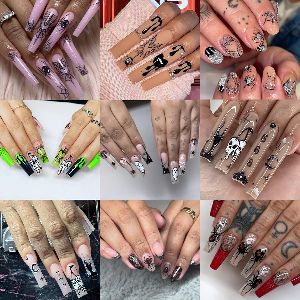 4 Sheets Halloween Nail Art Stickers Decals 3D Self-Adhesive Ghost Skull Cherry Nail Decals Holographic Glitter Design Bat Water Drop Spider Web Nail Stickers Holiday Nail Decorations for Women