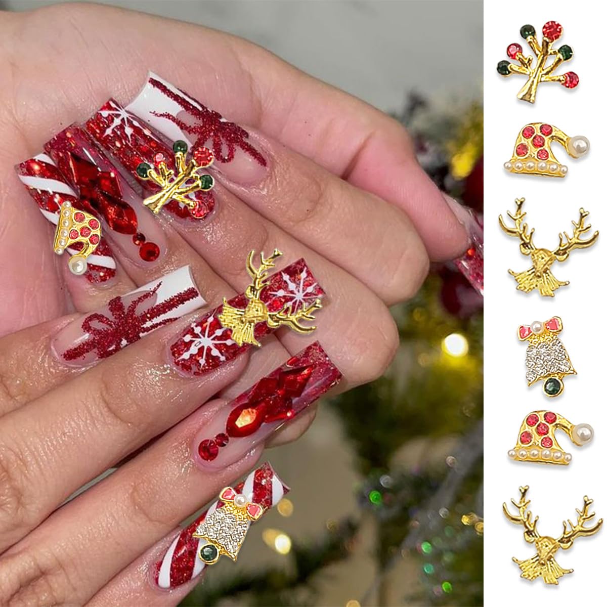 17Pcs Christmas Nail Charms Gold 3D Alloy Reindeer Snowflake Santa Claus Nail Art Charms Shiny Red Green Nail Rhinestones Bling Winter Nail Gems Xmas Gift Nail Supplies for Women Luxury Crystal DIY