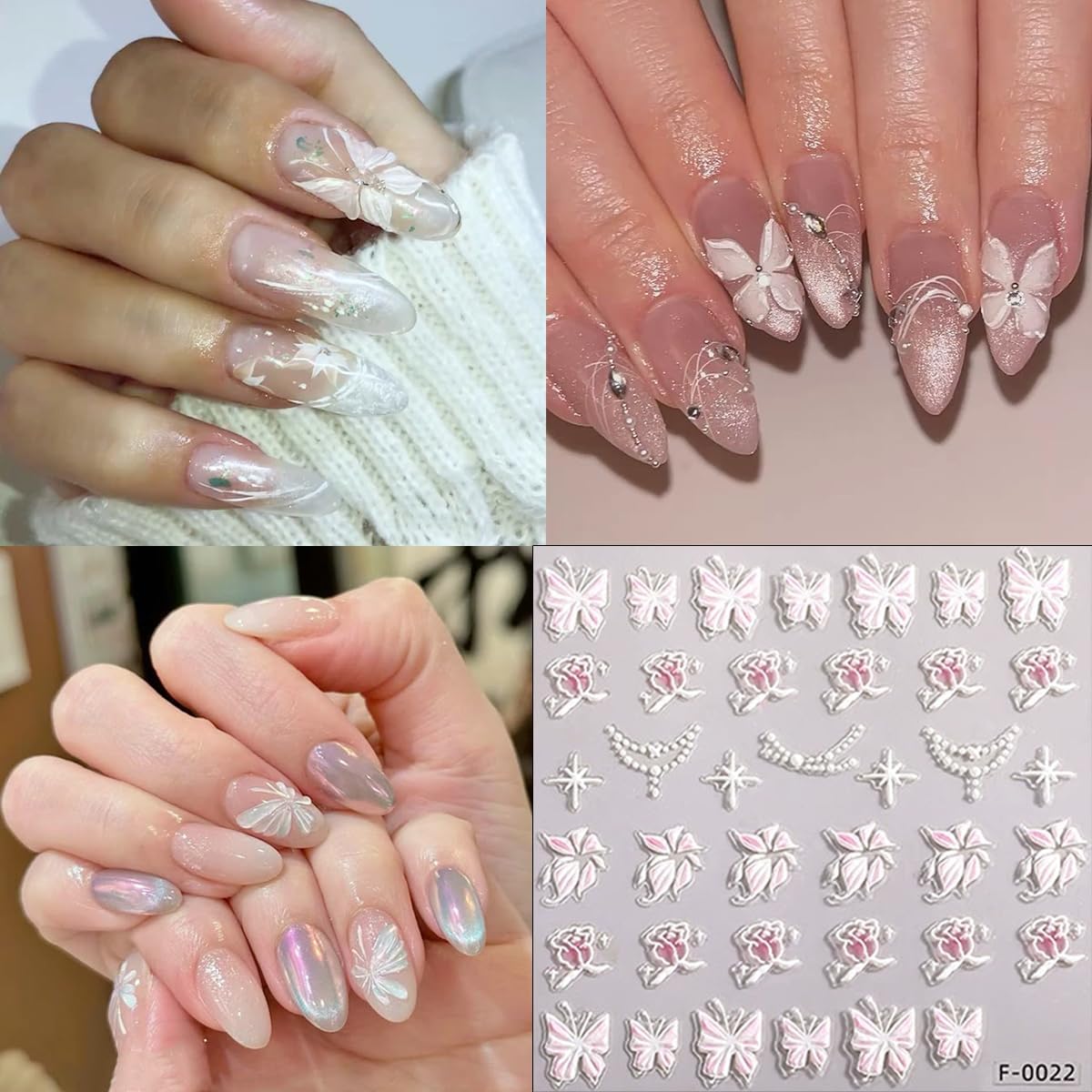 3Sheets 5D Embossed Cute Nail Stickers Summer Shell Starfish Mermaid Nail Decals Pink Butterfly Rose Flower Nails Art Stickers Heart Bow Nails Supplies for Women Girls DIY Manicure Decoration