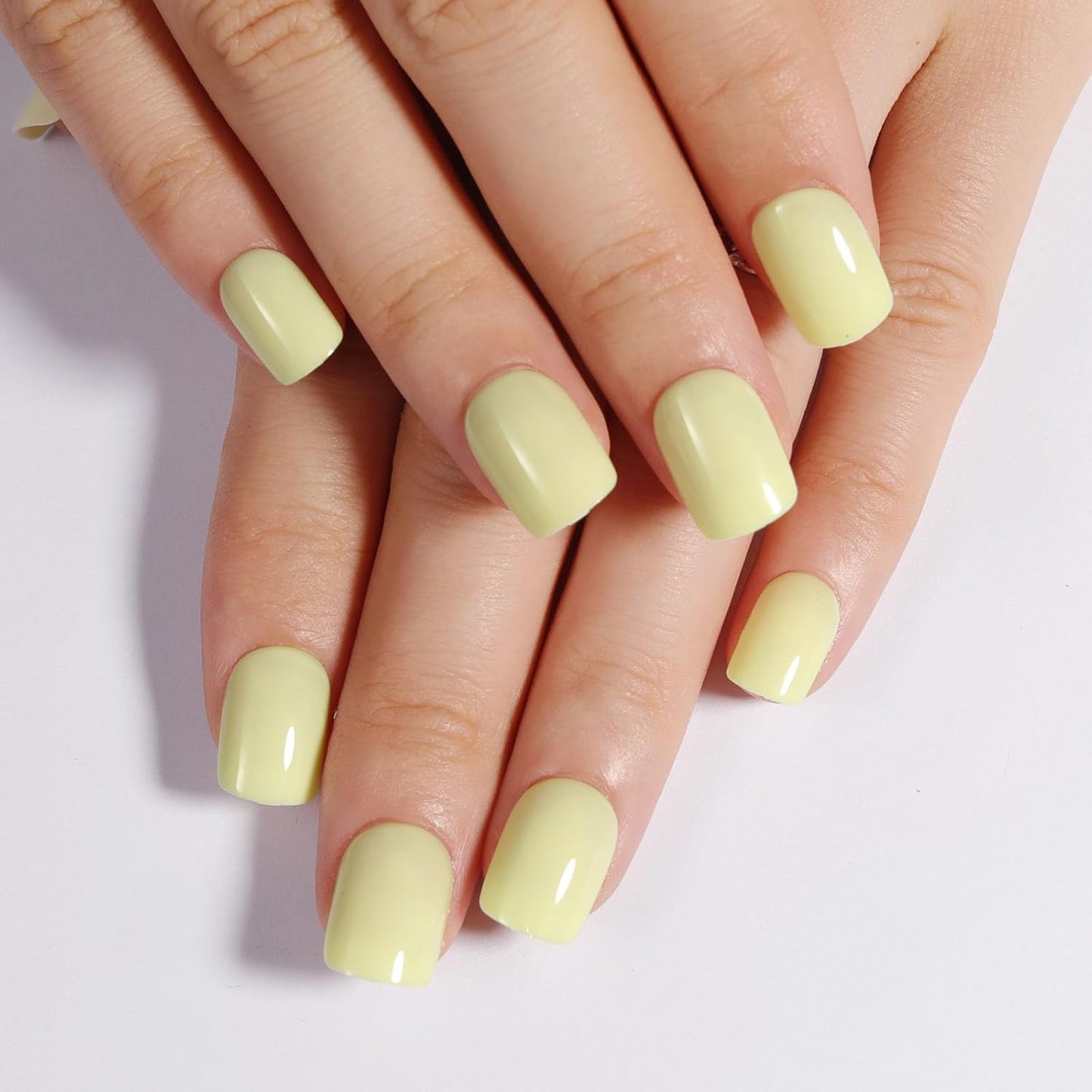 Cream Yellow Press On Nails Short, Glossy Soft Gel Press On Nails Square with Nail Glue, 15 Sizes - 30 Fake Nails Kit, Thick Natural Reusable Glue On Nails for Women, Butter Bliss