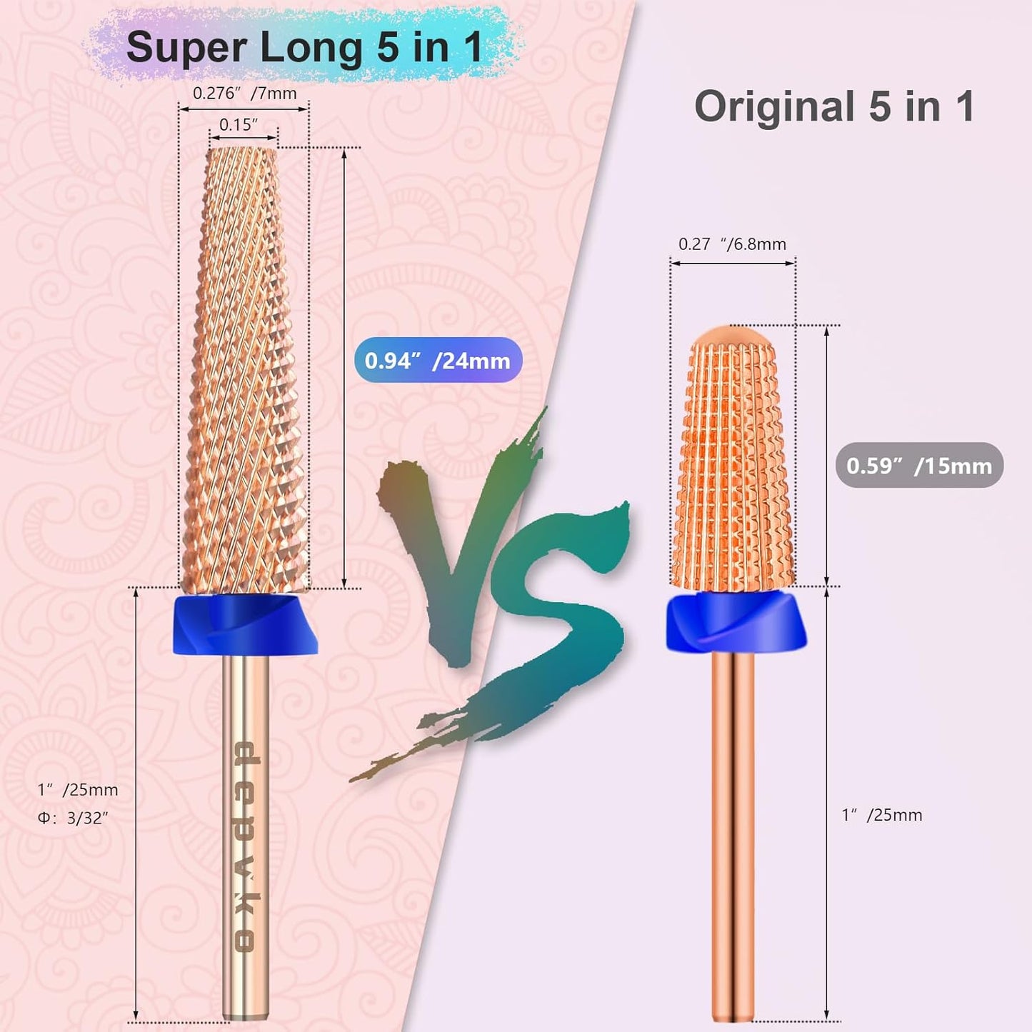 Depvko Super Long 5 in 1 Nail Drill Bits, 3/32'' Carbide Tungsten Bits, Two Way Rotate Professional Advanced Safety Bits for Nail, Fast Remove for Manicure Pedicure (Long 5in1-Rose Gold, Medium-M)