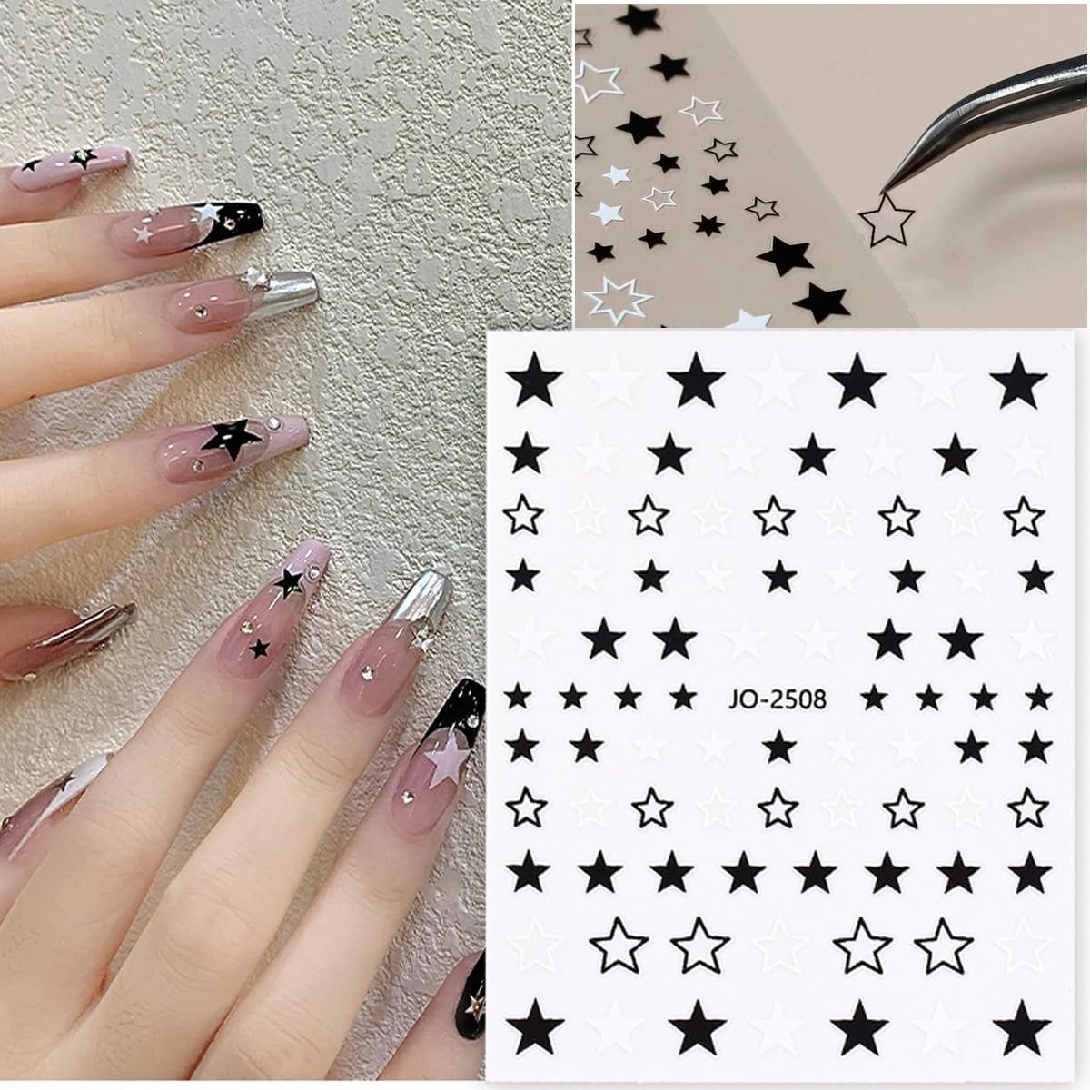 Black White Nail Art Stickers Star Heart Nail Decals Cute Bow Hearts Star Shapes Simple Shiny Pentagram Love Bow Nail Art Designs 3D Self-adhesive Press On Nail Art Charms Sticker Nail Decoration 6PCS