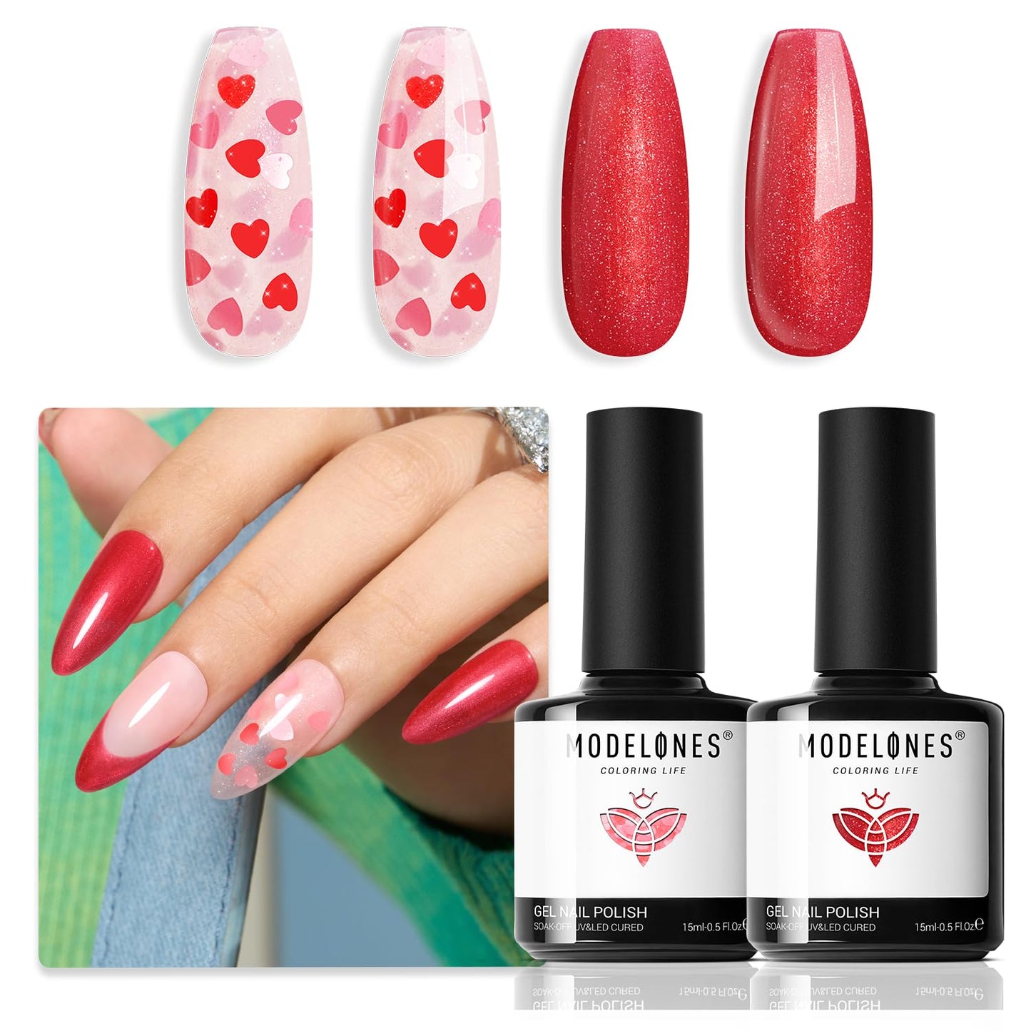 modelones Gel Nail Polish Set 2 Pcs 15 ML Pink Red Gel Polish Hot Pink Red Love-heart Glitter Gel Polish White Shimmer Spring Soak Off LED Nail Art DIY Gift For Women Girl