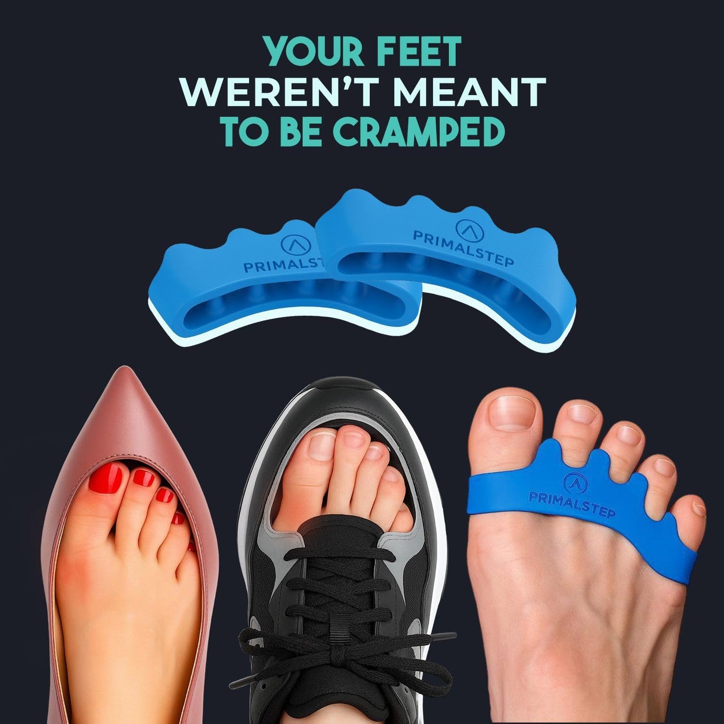 PRIMALSTEP 2.0 FIRM EDITION Toe Separators - Extra Firm, Stretchy & Flexible - Thicker & More Durable - Dr. Recommended Toe Spacers - Loved by Those with Bunions or Plantar Fasciitis - (Blue, Large)