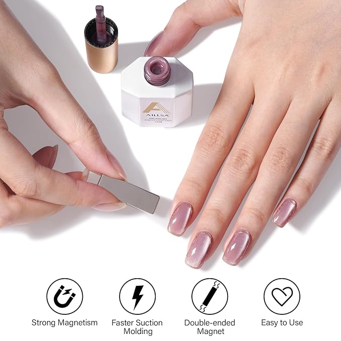 AILLSA Nude Pink Cat Eye Gel Nail Polish Shimmer Glitter Crystal Polish with Magnet, Jelly Purple Sparkle Nail Polish Reflective Translucent Color U V Gel Salon DIY at Home 0.5 OZ GF22
