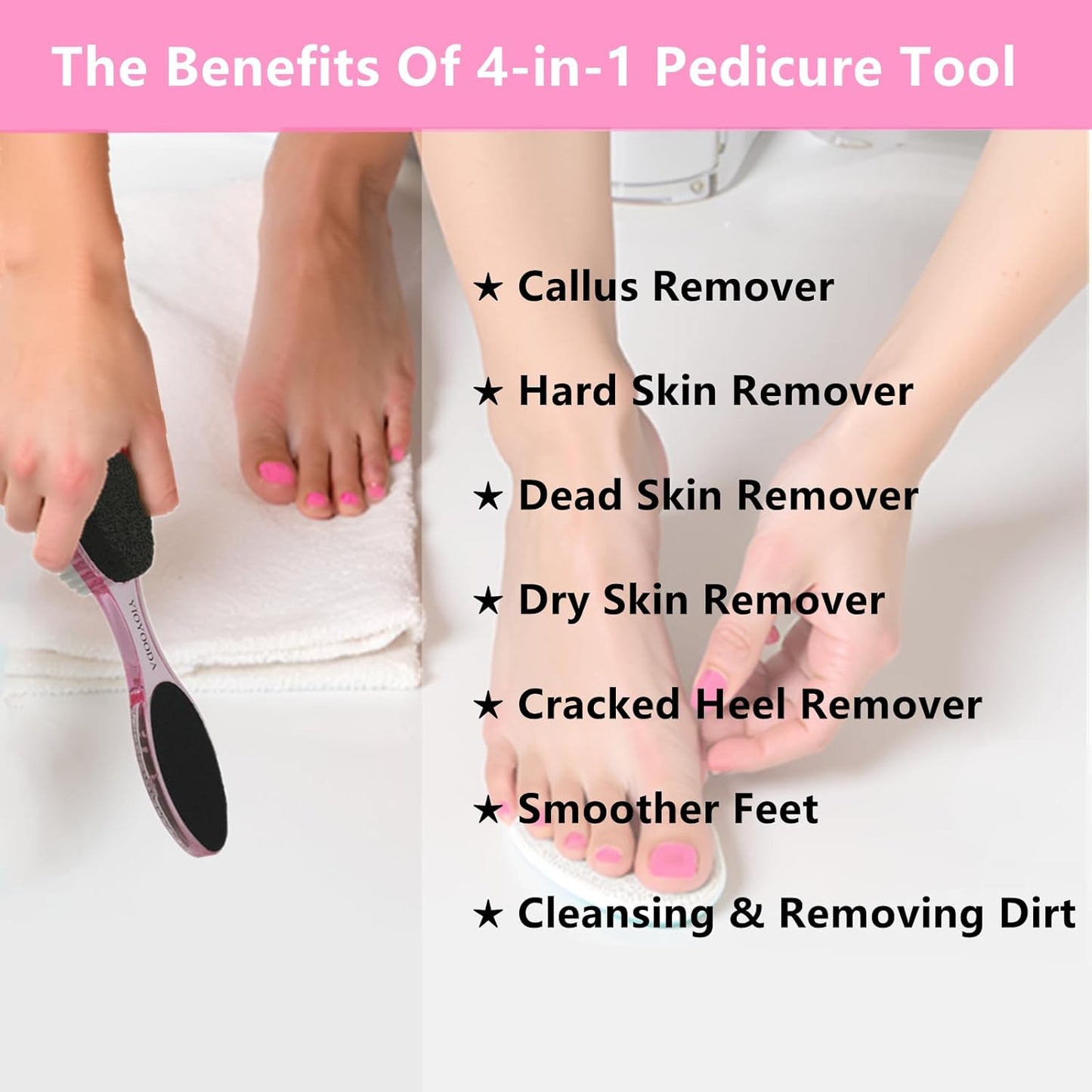 Foot File Callus Remover 4-in-1, 2 Pcs Feet Scraper Pedicure Tools with Pumice Stone, Scrubber Brush, Foot Rasp and Sand Paper, Double Sided Multi Purpose, Clear Pink