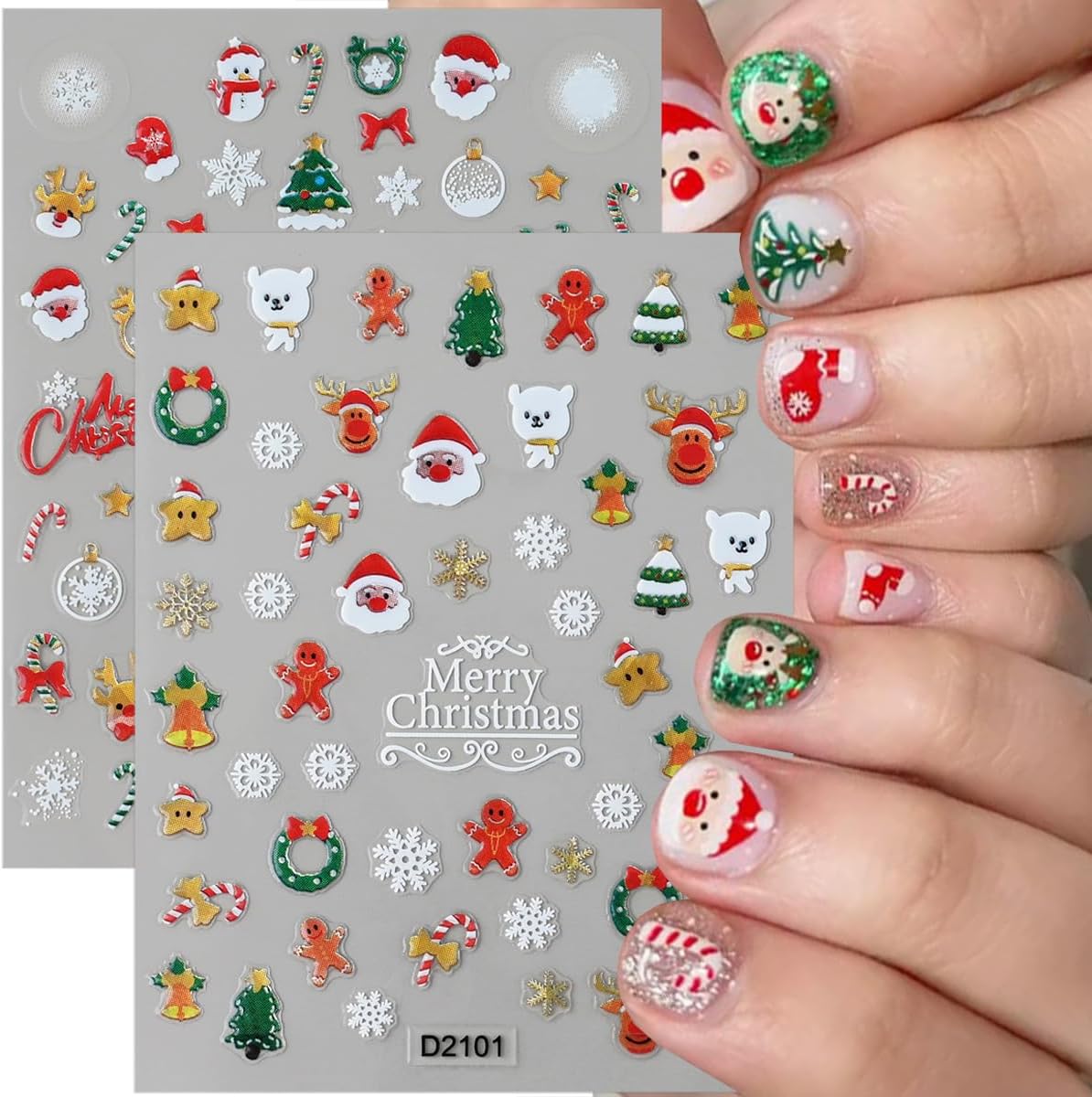 6 Sheets Christmas Nail Stickers, Christmas Tree Bell Snowflake Nail Art Stickers 3D Self-Adhesive Nail Art Supplies Santa Claus Elk Design Winter Xmas Nail Decals for Women DIY Holiday Manicure Decor