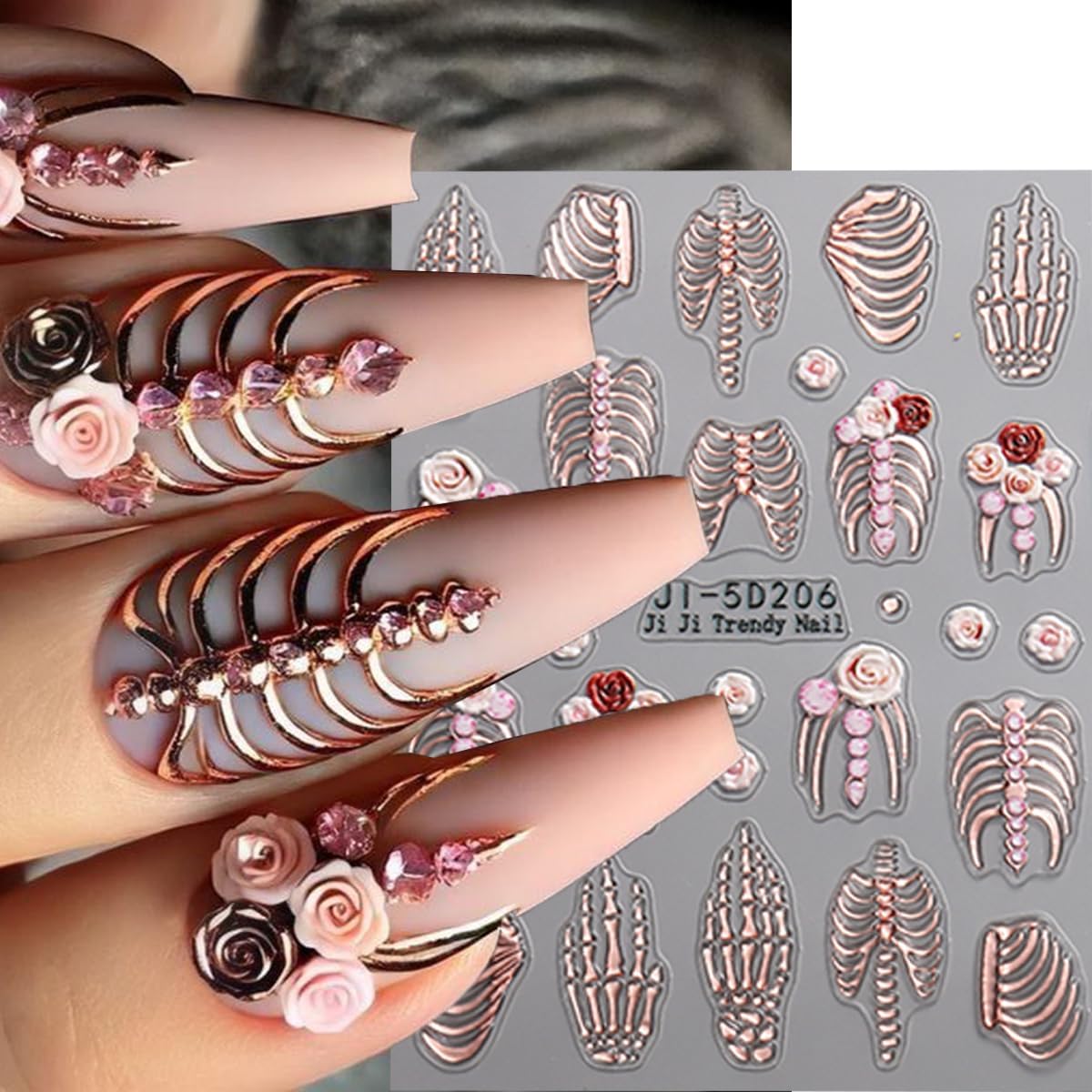 Halloween Nail Art Stickers 5D Embossed Rose Skeleton Nail Decals 3PCS Gold Rose Gold White Fantasy Bone Pumpkin Bat Design Halloween Nail Stickers Supply for Women Holiday Manicure Nail Decorations