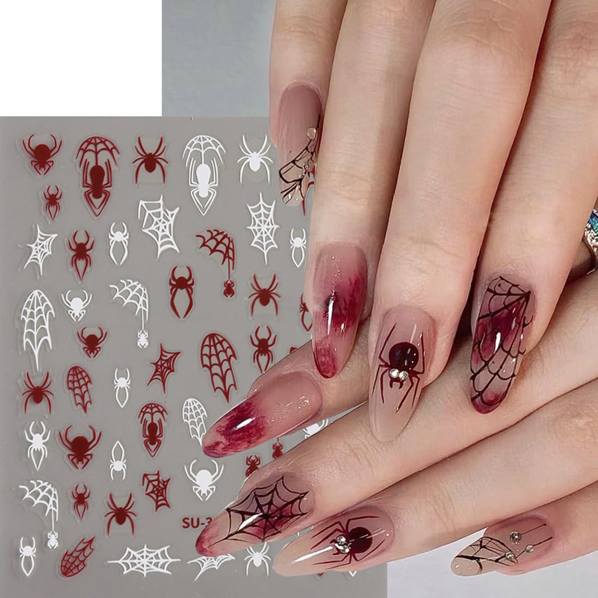 Spider Web Halloween Nail Stickers,Halloween 3D Nail Spider for Nail Art Self-Adhesive Glue Finger Nail Decals Spider Web Black Red White Design Holographic Spiders Manicure Art Supplies Decoration 6