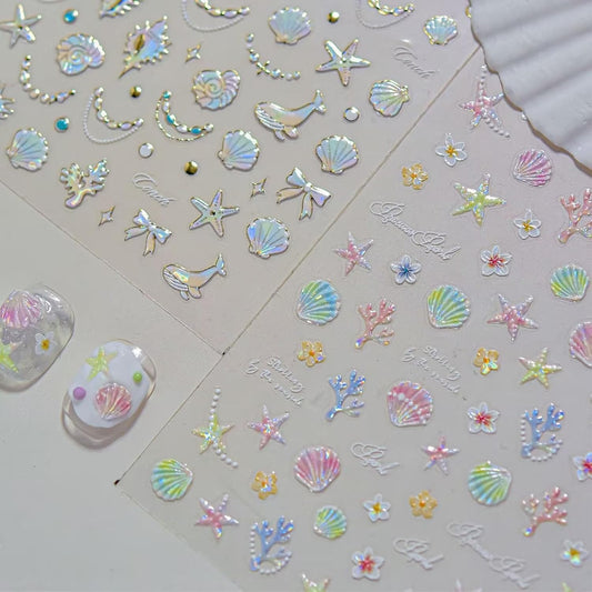 Holographic Ocean Theme Nail Art Decals, 2 Sheets, Self-Adhesive Stickers with Seashells, Dolphins, Starfish, Coral Design for Women's Nail Decoration