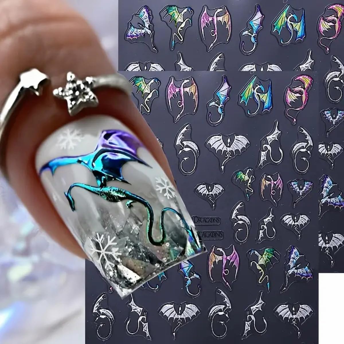 Halloween Nail Stickers 5D Dragon Nail Art Stickers 2PCS Laser Silvery Flying Devil Bat Nails Design Embossed Nail Decals Flying Dragon Manicure Sticker Supply for Women Nail Art Decorations