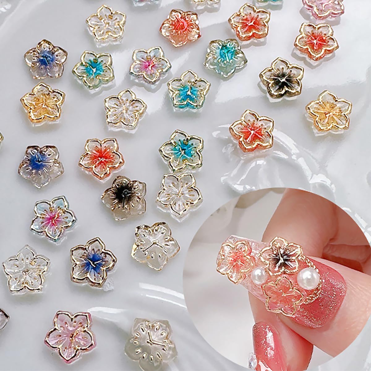 56Pcs Colorful Flower Nail Charms Clear Colour Crystal Nail Charms for Nails 3D Acrylic Gems Nail Supplies Luxury Gold Edge Nail Rhinestones Design Cute Glitter Nail Art Charms for Women Girls DIY