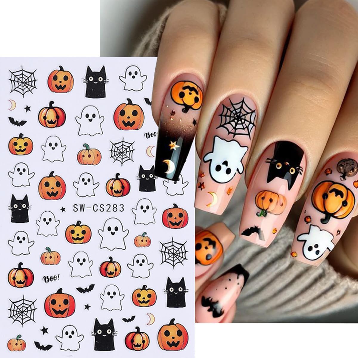 Halloween Nail Stickers for Nail Art 3D Cute Ghost Pumpkin Halloween Nail Decals Nail Art Supplies 6PCS Ghost Skull Black Cat Flame Pumpkin Nails Design Manicure Stickers for Nails DIY Decoration