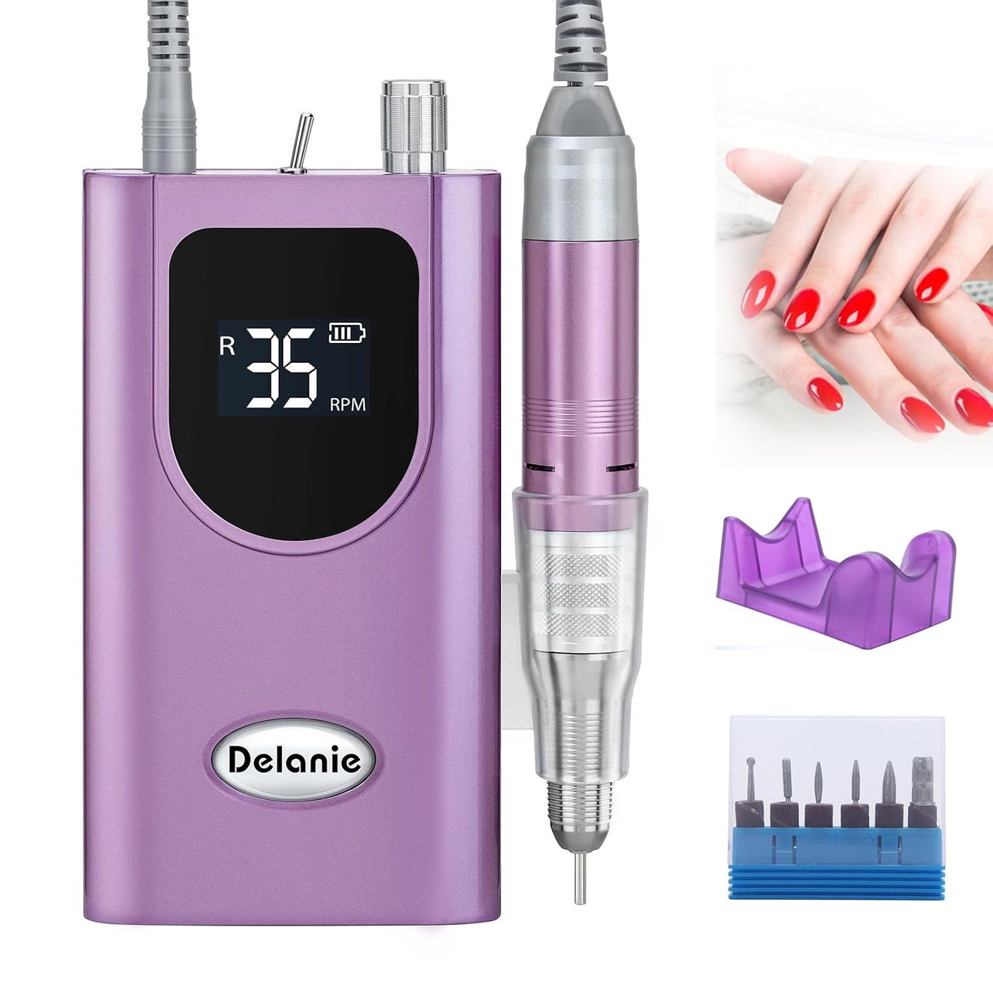 Delanie Electric Nail Drill Professional 35000 RPM Rechargeable Portable E-File for Nail Tech, Violet