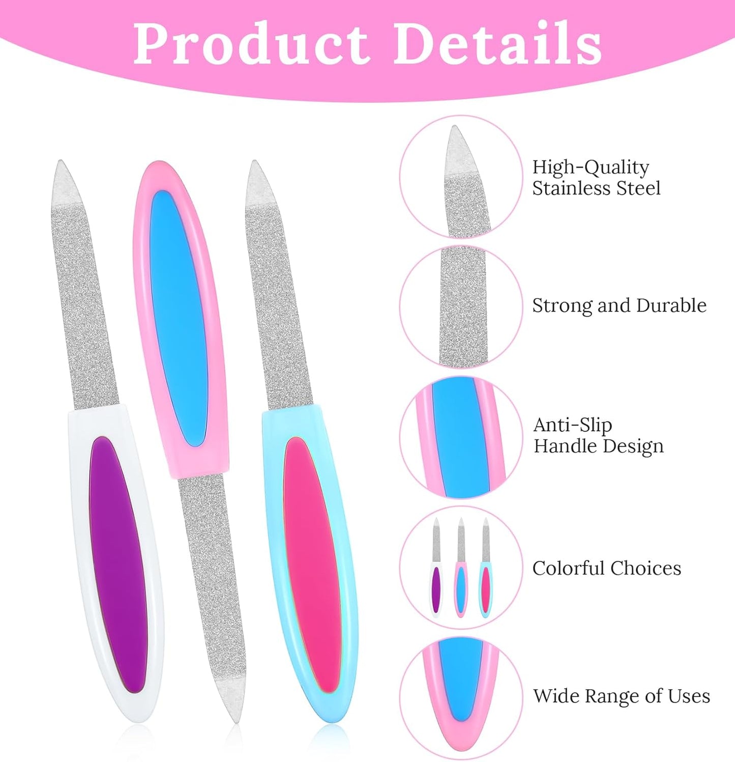 9PCS Nail File Metal Nail Files, Sword-Shaped Metal Nail Files for Women, Stainless Steel with Non-Slip Handle and Sharp Tip