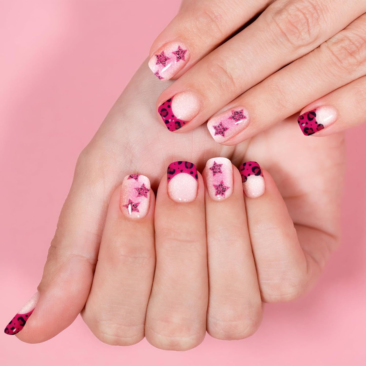 Semi Cured Gel Nail Strips-Sizzling Rose Star & Leopard Design, Fast Cure, Glossy Finish, Durable, Easy DIY Nail Art for Parties & Holidays Works with Any UV/LED Lamps(Starry Wild Child)