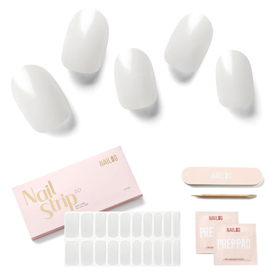 NAILOG Semi Cured Gel Nail Strips (20 Extra Long Stickers/Wraps) | Buy 2 Get 1 UV Lamp| Glossy & Long Lasting Soft Gel Finishing | Pearl White