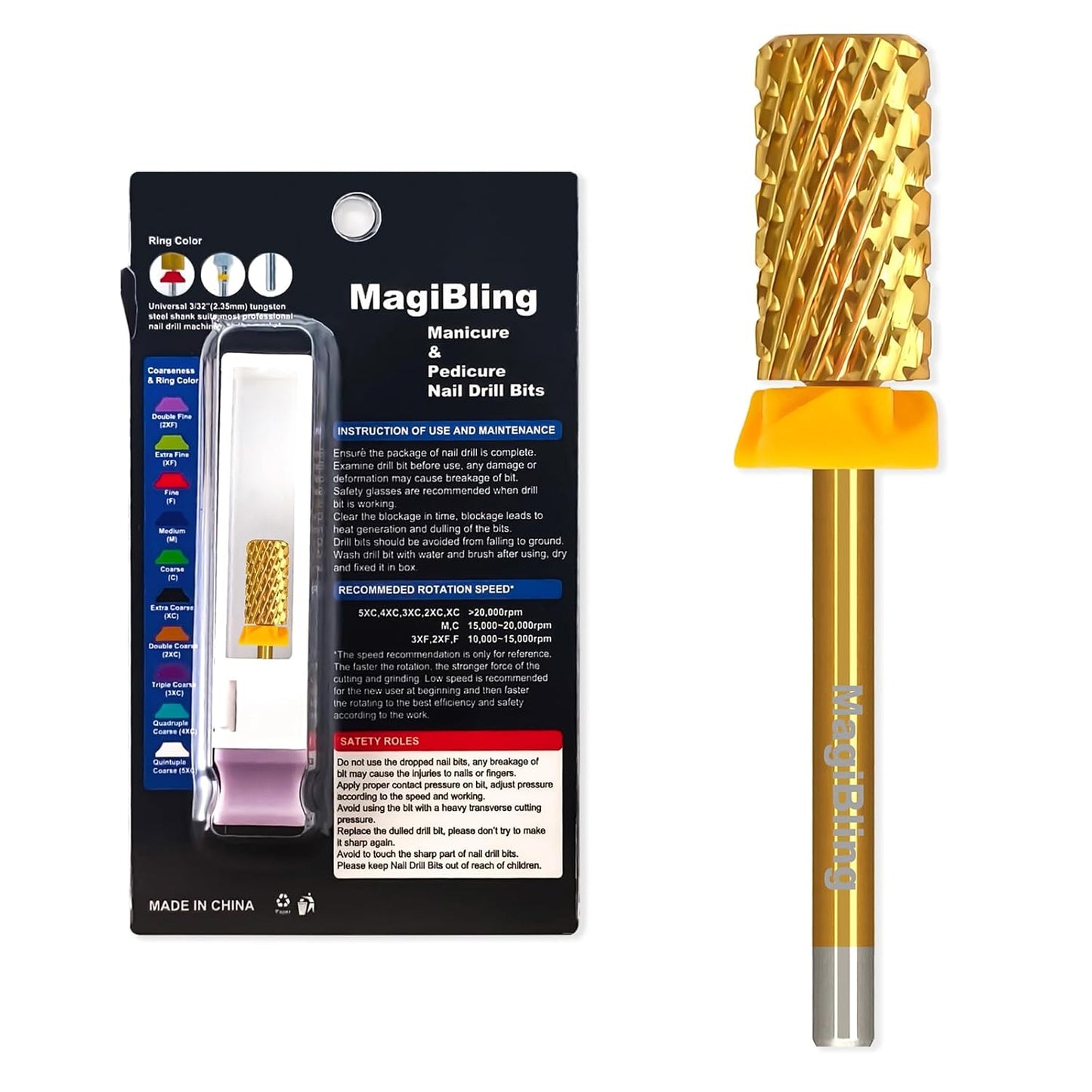 Super Cut Large Barrel Nail Drill Bits, 3/32'' Professional Tungsten Carbide Bits, Remove Hard and Soft Gel Fast, Right Hand Use, Manicure Pedicure Cuticle Gel Polishing, Gold Color, Double Coarse.