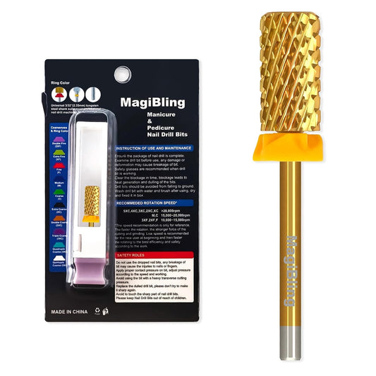 Super Cut Large Barrel Nail Drill Bits, 3/32'' Professional Tungsten Carbide Bits, Remove Hard and Soft Gel Fast, Right Hand Use, Manicure Pedicure Cuticle Gel Polishing, Gold Color, Double Coarse.