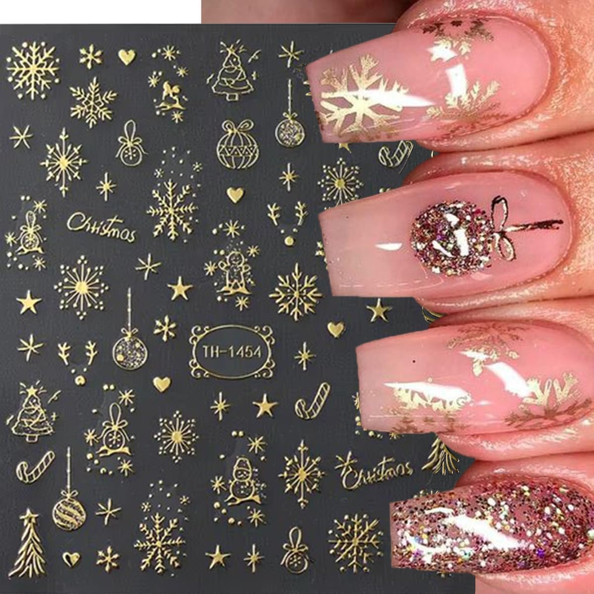 Christmas Nail Art Stickers Decals 3D Self-Adhesive Gold Christmas Nail Decals 6PCS Crystal Ball Snowflake Tree Candy Elk Xmas Nails Design Manicure Sliders for Women Holiday DIY Nail Decorations