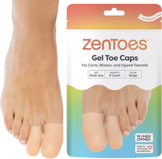 ZenToes 6 Pack Gel Toe Cap and Protector - Cushions and Protects to Provide Relief from Missing or Ingrown Toenails, Corns, Blisters, Hammer Toes (Variety, Beige)