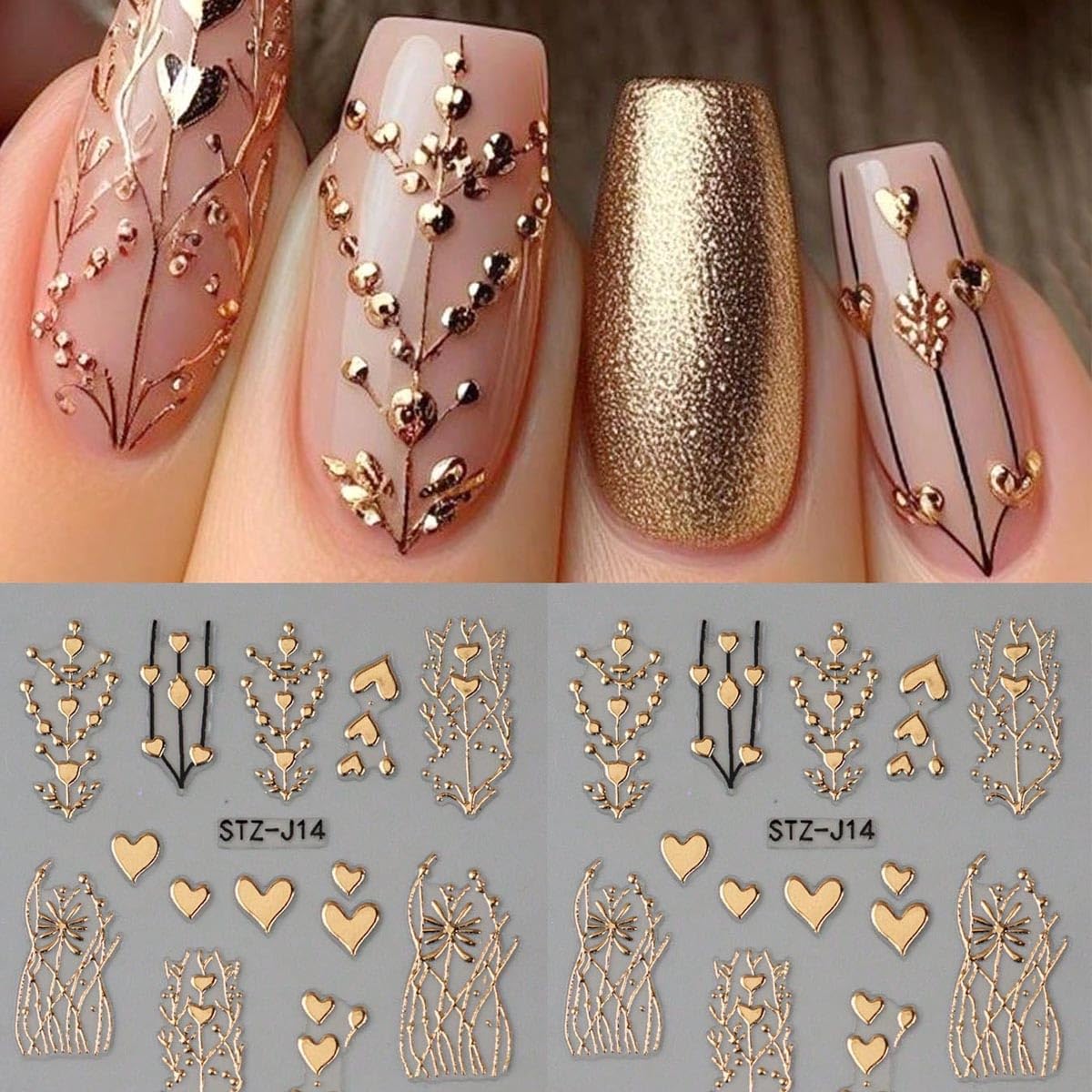 Golden Heart Nail Stickers for Nail Art 3D Bronzing Heart Nail Art Stickers 3PCS Metallic Golden Love Hearts Tree Stripe Design Self-Adhesive Nails Decals Supply for Women DIY Manicure Decorations