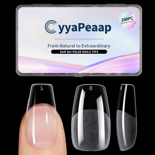 Coffin Nail Tips Medium Coffin Soft Gel Nail Tips 240Pcs Acrylic Full Cover Pre-Shape Nails Tips Half Matte Clear Nails for Nail Extension Manicure Home DIY Salon 12 Sizes Gelly False Nails
