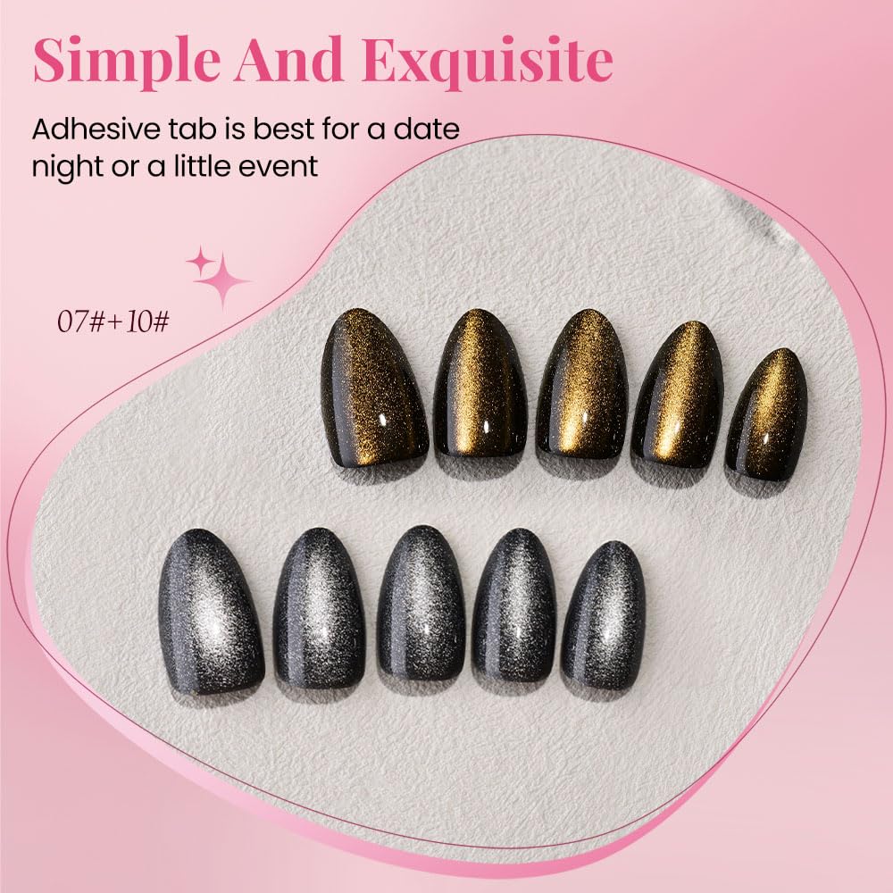evpct Cat Eye Gold Silver Press on Nails Almond Short, Gold Silver Metal Short Almond Soft Gel Press on Nails with Nail Glue, 60Pcs Reusable Acrylic Fake Press-on Nail Polish Kit for Women Gift