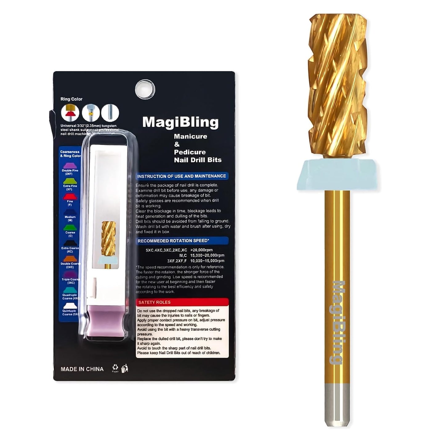 3/32'' Super Cut Nail Drill Bits for Fast Hard Gel Removal, MagiBling Tungsten Carbide Bits for Professional Users, Upward Deep Cut, Right Hand Use, Manicure Cuticle Gel Polishing, Quadruple Coarse.