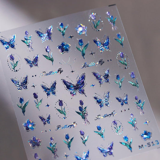 Butterfly Nail Art Stickers - Blue Butterflies, Flower Designs, 5D Embossed Decals, Shiny Accessories for Women & Girls. Great for Spring-Summer Nail Art Decoration