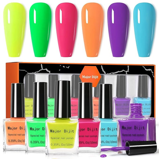 DouborQ 6 Colors Neon Bright Colors Nail Polish Set Finger Nail Polish Bulk Manicure Nail Art Home Salon Long-lasting Sequins Nail Art Varnish for Halloween (25-30)