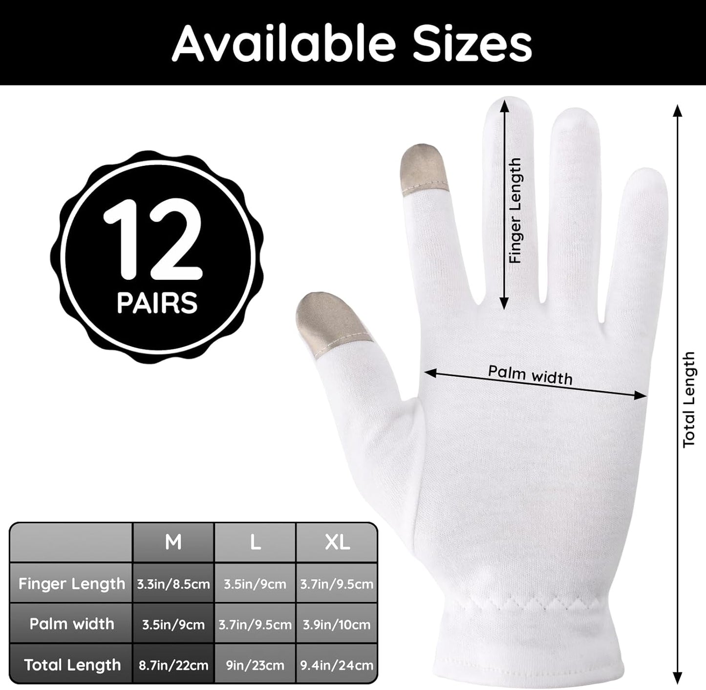 Segbeauty 24 Counts Moisturizing Cotton Gloves with Touchscreen Fingertips, Sleeping Gloves for Dry Hands with Elastic Band, Soft Hand Gloves for Women Men Cotton Sleep Gloves for Coin Art Work Medium