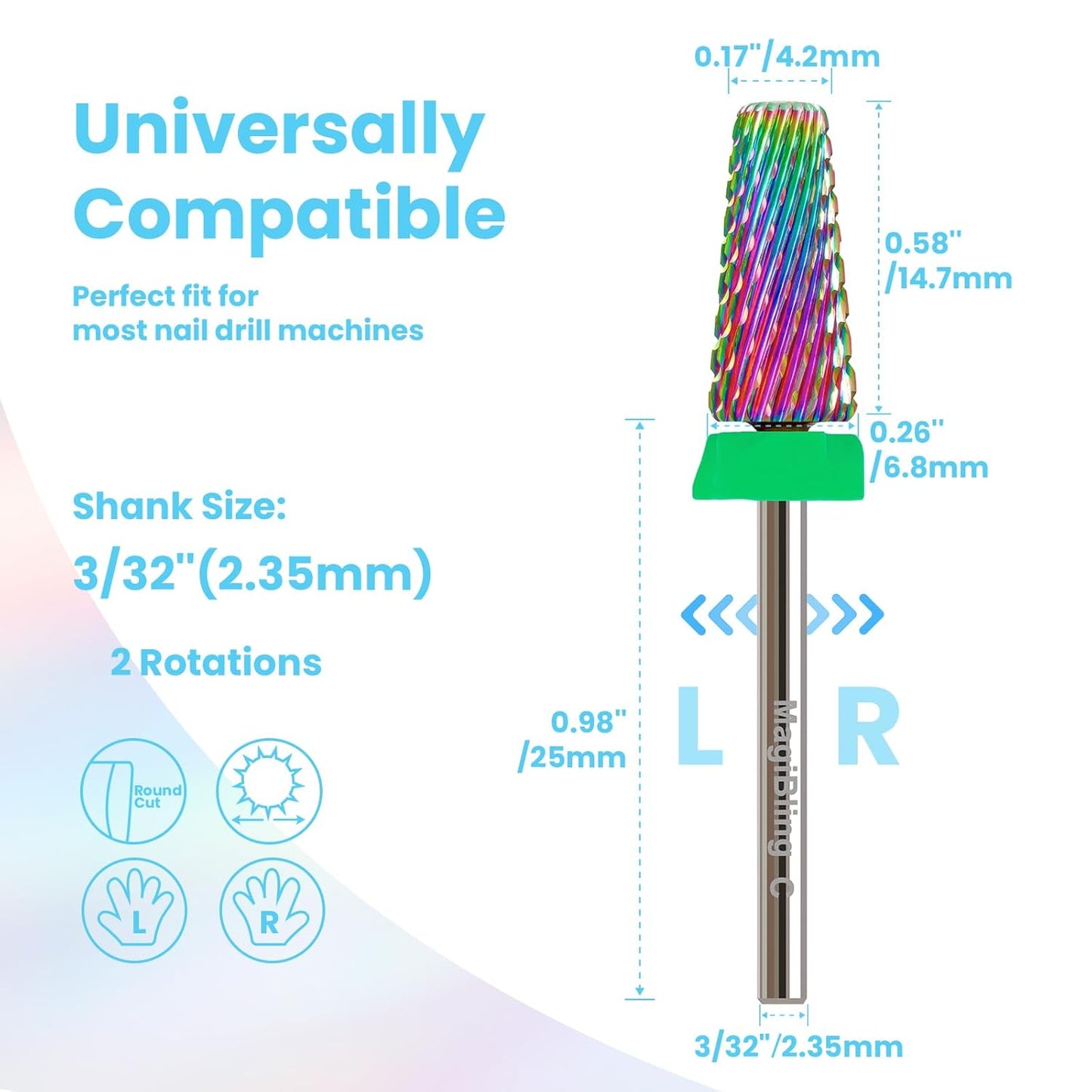Professional 5 in 1 Tapered Nail Drill Bits, 3/32'' Safety Tungsten Carbide Bits, Remove Hard Gel Fast, Left & Right Hand Use, Easy for Beginner, Technicians Bits, Coarse.