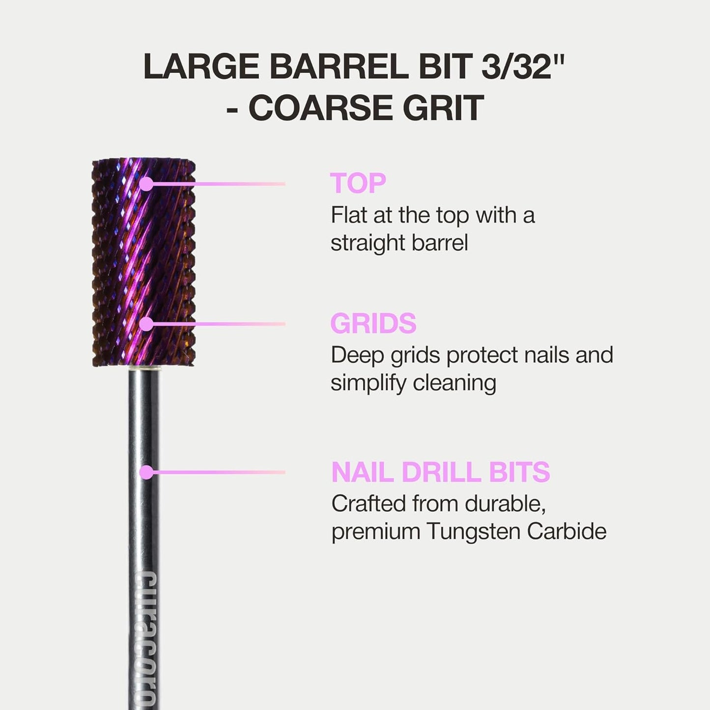 Curacoro Nail Drill Bits 3/32'' - Safe Smooth Stop Large Barrel Carbide Bit (Coarse), Fast Remove Acrylic or Gel Nails, Long-lasting Bits for Nail Beds, Nail Art Salon & Home