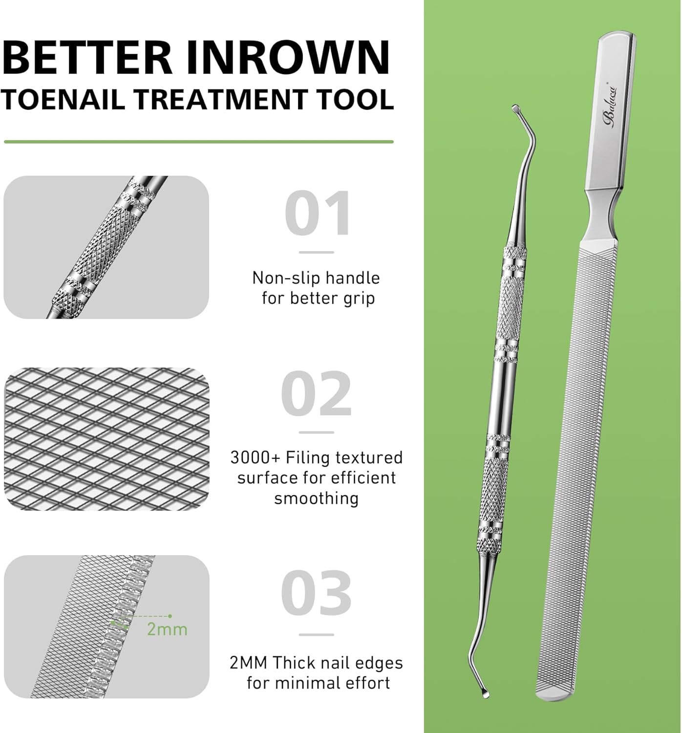 BALUCA Toenail File for Thick Nails & Ingrown Relief | Heavy Duty Metal Emery Board with Toenail Lifter for Seniors, Coarse Grit & Durable Stainless Steel Design (Silver, 1.0, Count, 180/240 Grit)