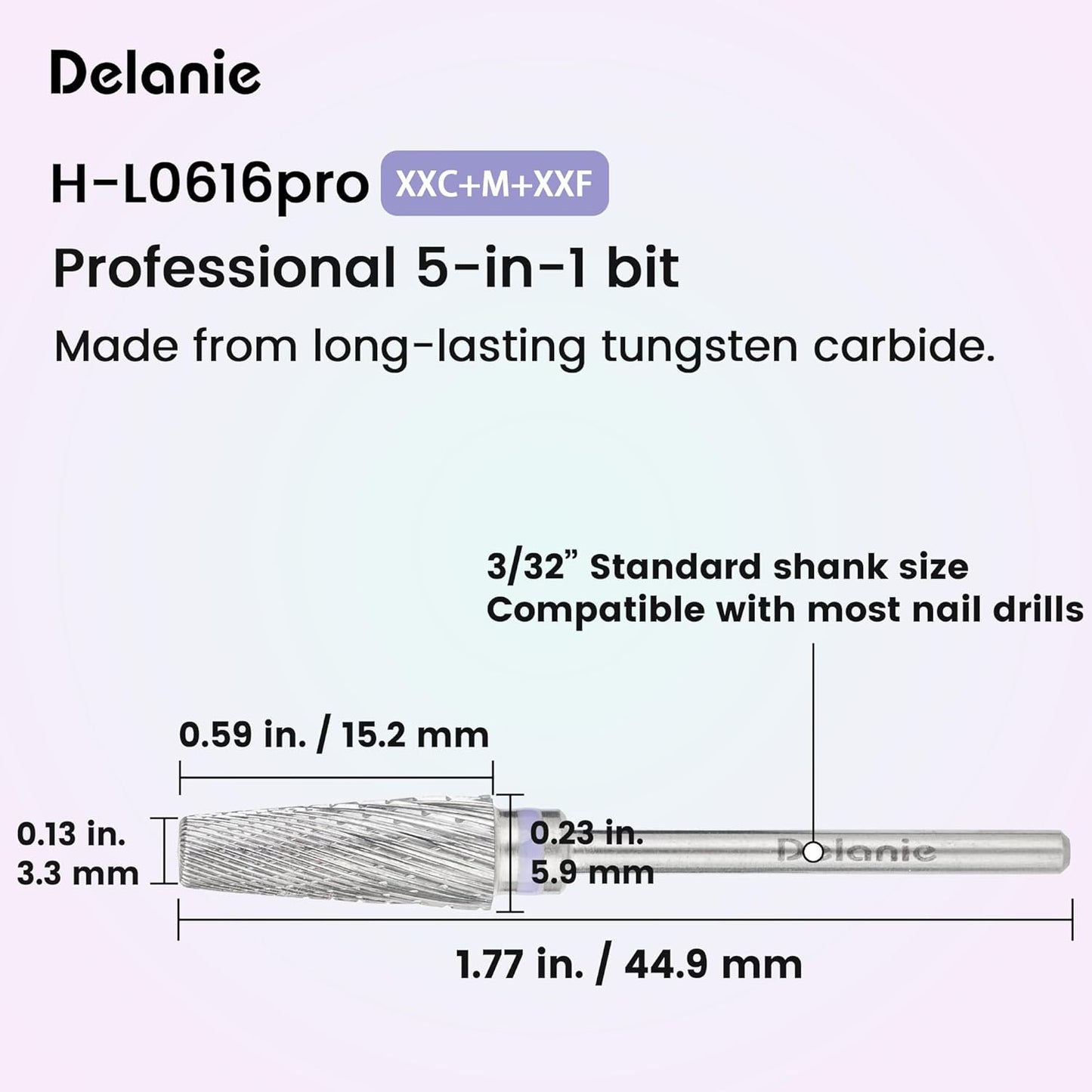 Delanie Professional 5-in-1 Carbide Nail Drill Bit for Professional Nail Tech, 3/32", XXC+M+XXF