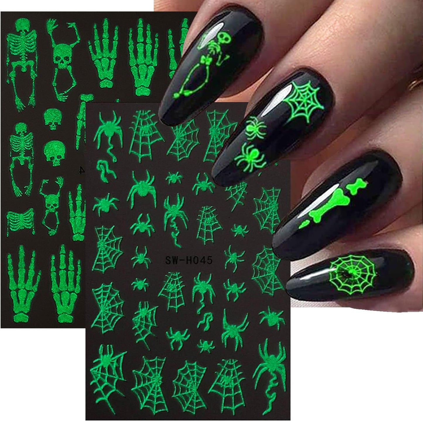 Halloween Nail Art Stickers Decals Horror Skull Spider Web Nail Decals Glow in The Dark Halloween 3D Self-Adhesive Nail Stickers for Nail Art DIY Manicure Tip Holidays Nails Decoration 4 Sheets