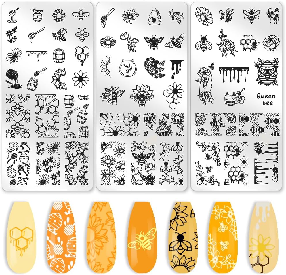 3Pcs Bee Nail Stamping Plate Flowers Honeycomb Nail Art Stamp Templates Stainless Steel Reusable Tools with Stamper Scraper for Manicure Printing