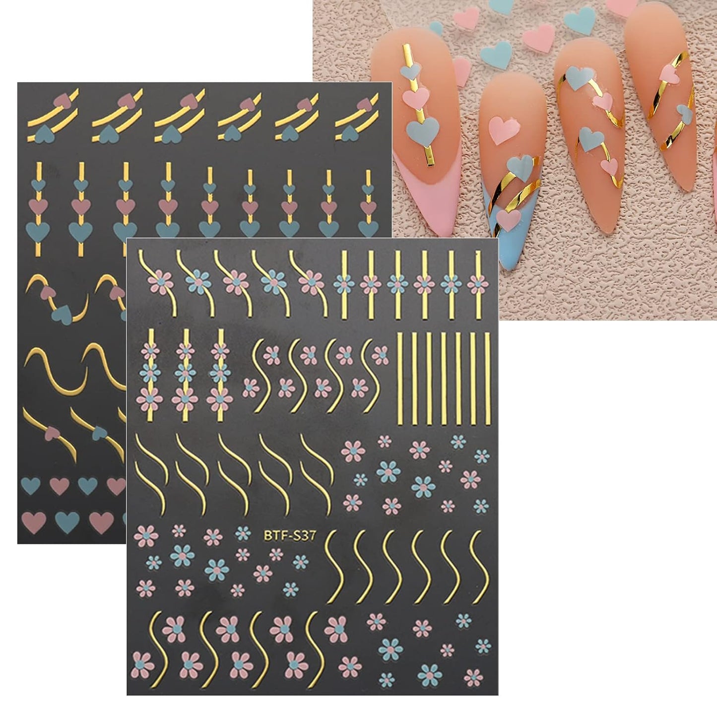 JMEOWIO 9 Sheets Heart Line Flower Nail Art Stickers Decals Self-Adhesive Pegatinas Uñas Colorful Nail Supplies Nail Art Design Decoration Accessories