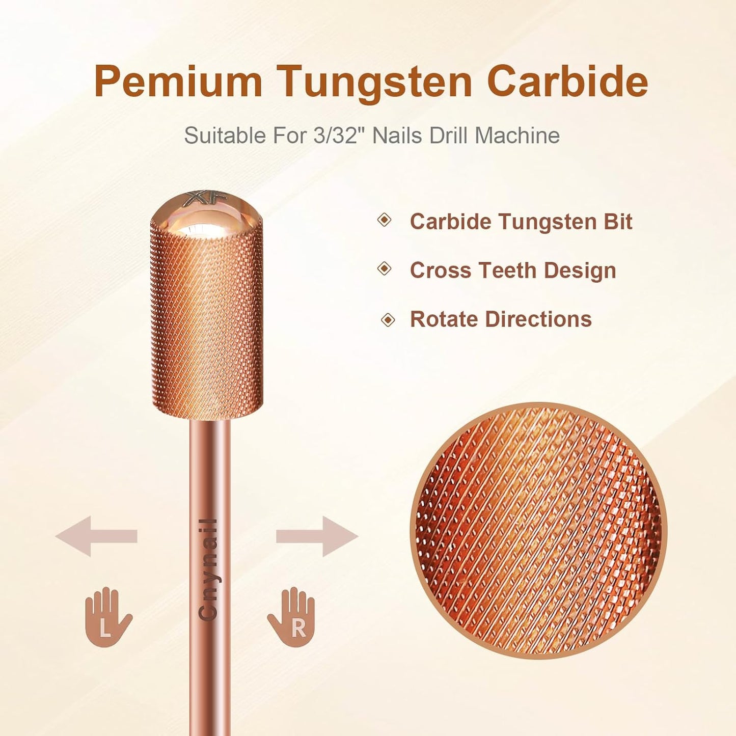 3/32" Large Barrel Smooth Round Top Tungsten Carbide Nail Drill Bit Safety Bit for Gel & Acrylic Removal, 2-Way Rotating Efile Tip, Salon Electric File Accessory (XF Grit, Rose Gold)