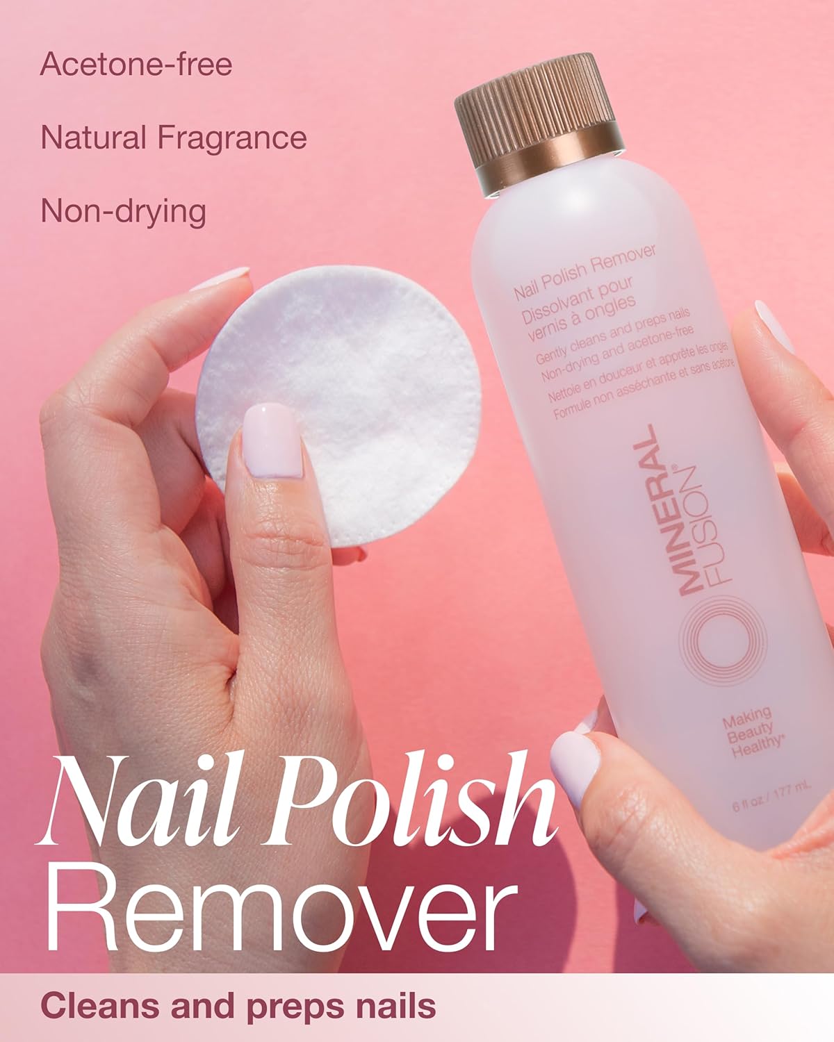 Mineral Fusion Nail Polish Remover - Acetone-Free Nail Care with Natural Solvents - Non Drying Liquid Formula - 6 fl oz