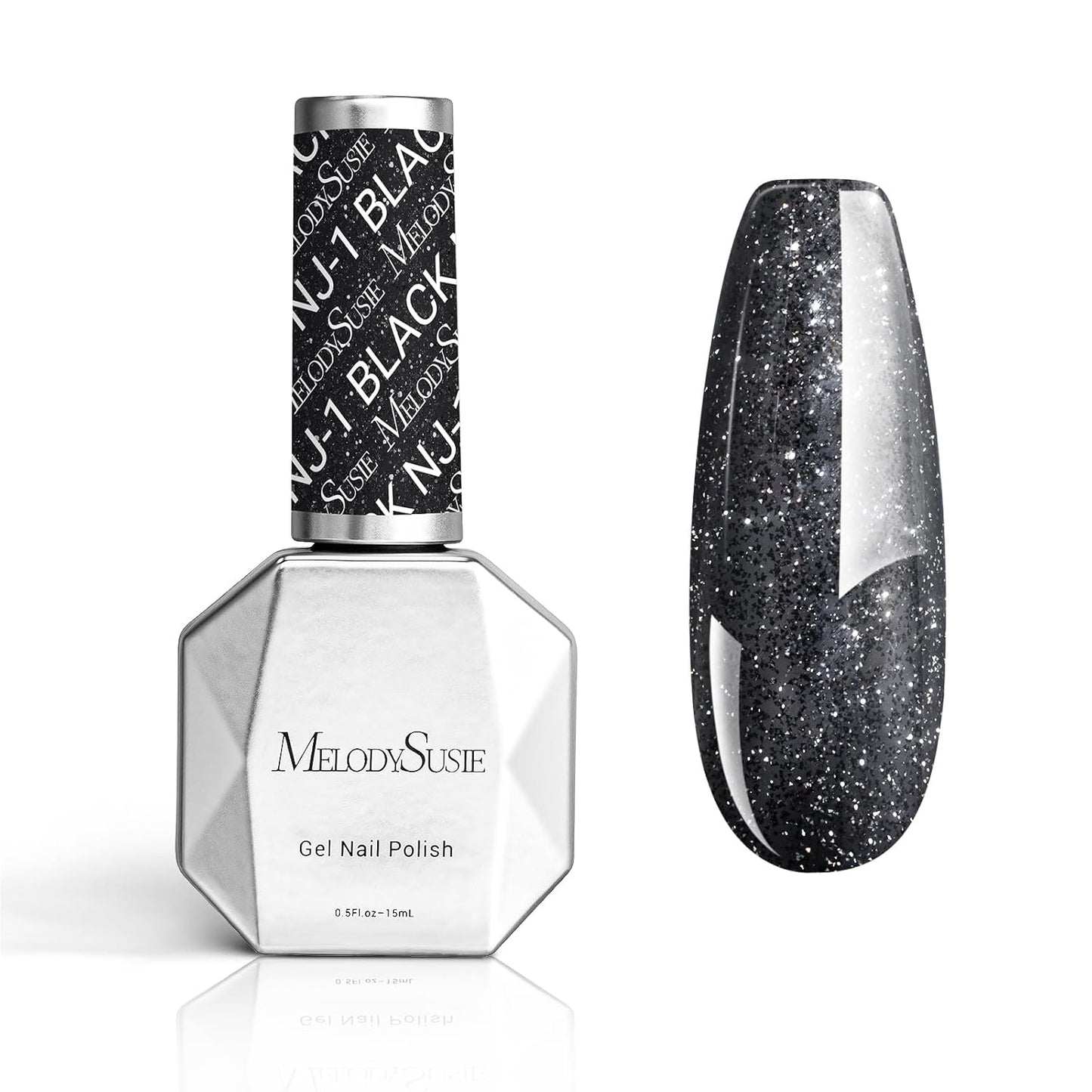 MelodySusie Black Glitter Gel Nail Polish,0.5fl oz Black Diamond Glitter Soak Off UV LED Reflective Glitter Gel Polish Gift for Women Nail Art Manicure Salon DIY Nail Design Decoration at Home- NJ-1