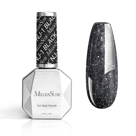 MelodySusie Black Glitter Gel Nail Polish,0.5fl oz Black Diamond Glitter Soak Off UV LED Reflective Glitter Gel Polish Gift for Women Nail Art Manicure Salon DIY Nail Design Decoration at Home- NJ-1