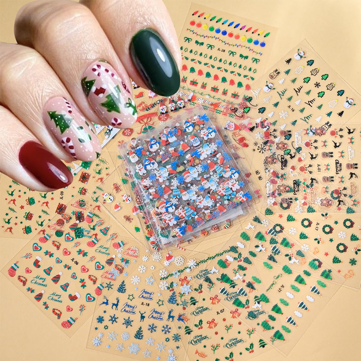 30 Sheets Christmas Nail Art Stickers Decals 3D Self Adhesive Christmas Nail Decals Santa Claus Elk Snowman Christmas Tree Nail Decorations Winter Nail Stickers for Women DIY Acrylic Nail Supplies