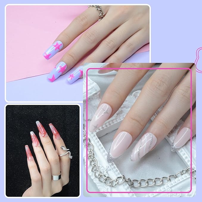 Reflective Glitter Nail Art Gel Liner Set, 12 Colors Shiny Pink Purple Yellow Green Glitter Gel Polish for Swirl French Tip Painting Designs Soak Off Built Thin Brush DIY Nail Starter Kit