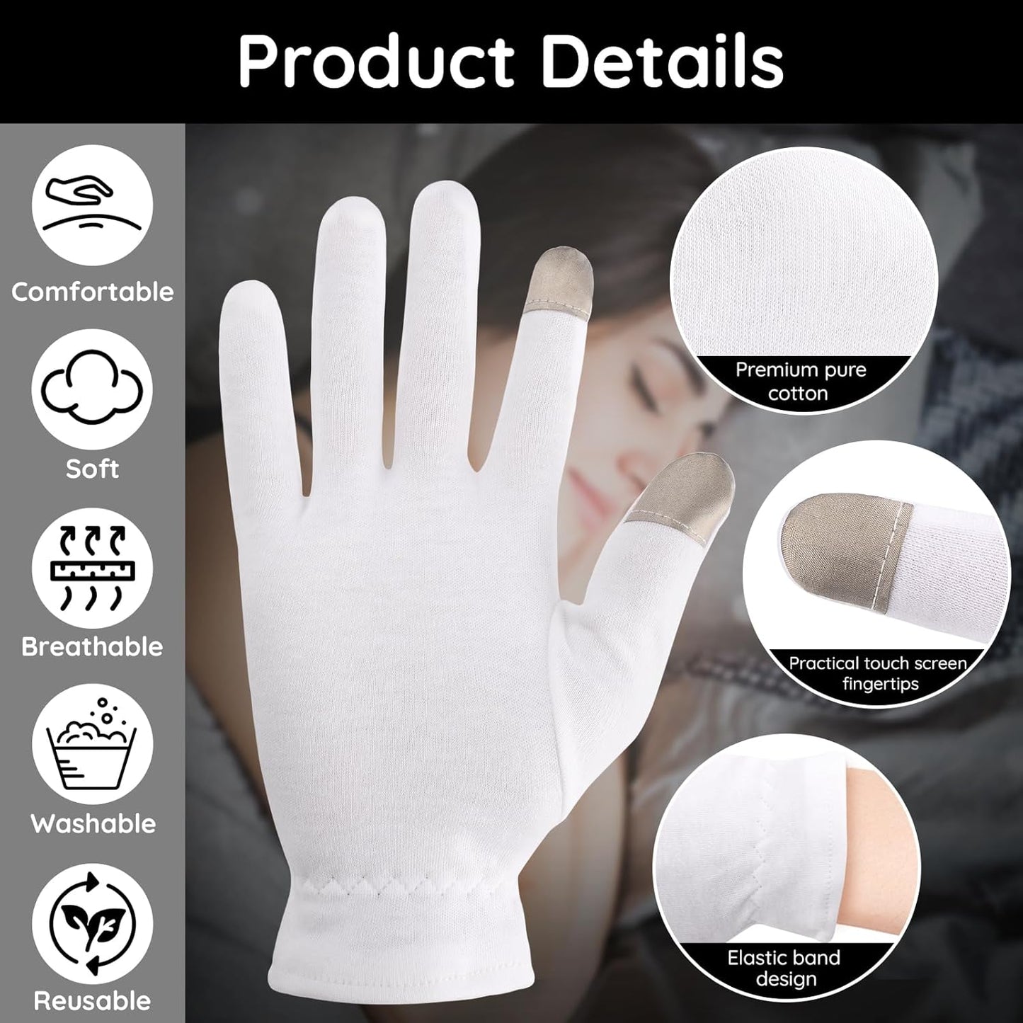 Segbeauty 12pcs Touchscreen Fingers Moisturizing Gloves, 6 Pairs Hand Gloves Moisturizing Overnight with Elastic Band for Women and Men, White Cotton Gloves Overnight Sleeing for Work Dry Hands Medium