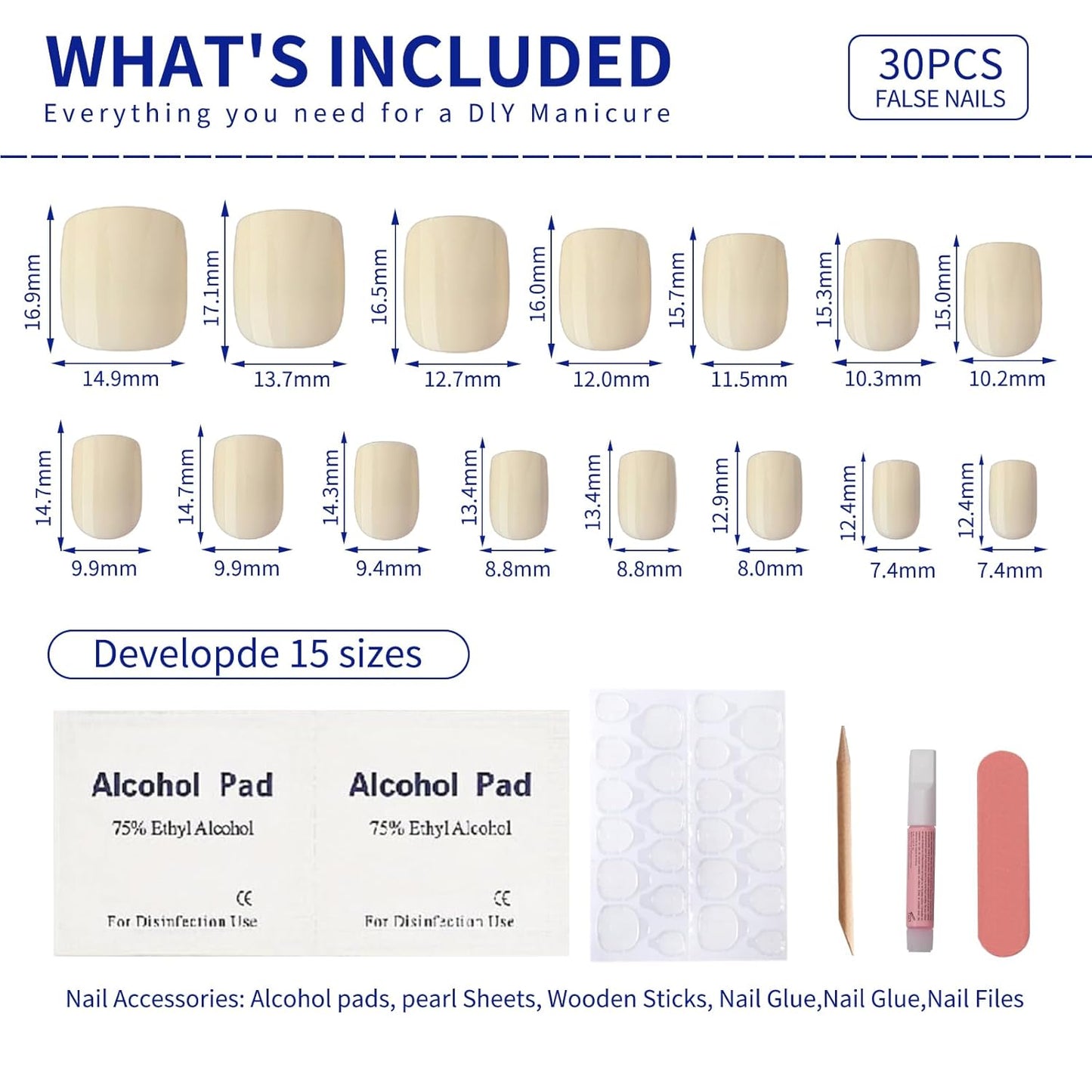 Ivory Press On Nails Short Square, Fashion Glossy Off White Soft Gel Fake Nails Kit, 15 Sizes - 30 Fake Nails, Thick Natural Reusable Glue On Nails for Women