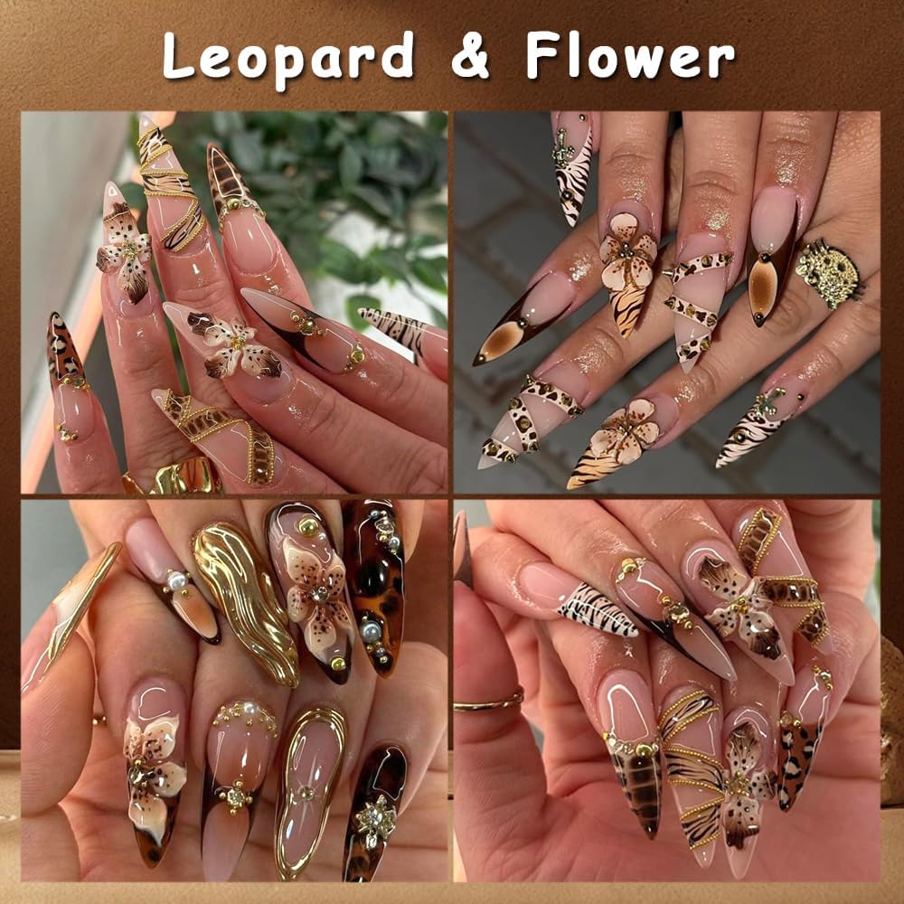 Flower 5D Embossed Nail Art Stickers Decals, 4 Sheets Autumn Winter Brown Hibiscus Flowers Tropical Floral Leopard Print Nail Art Design Self-Adhesive Nail Supplies for Women Girls