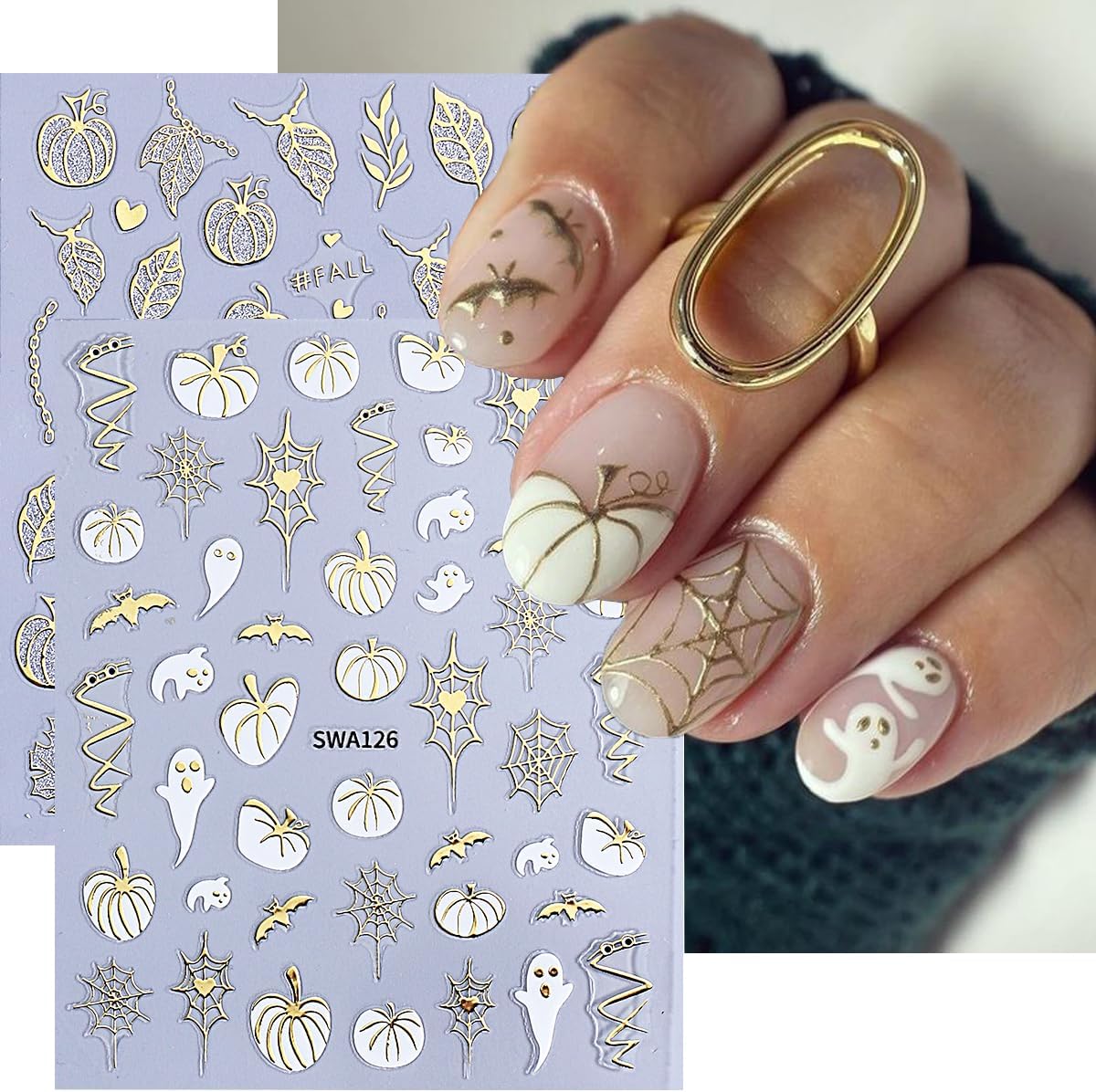 Halloween Pumpkin Nail Art Stickers Decals Fall Maple Leaf Nail Decals 4PCS Ghost Spider Web Bat Fall Leaves Halloween Nails Design 3D Self-Adhesive Nail Stickers for Women DIY Nail Art Decorations